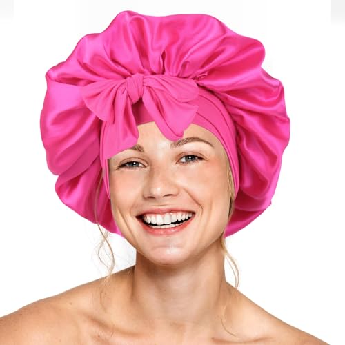 Silk Bonnet for Sleeping Women Double Layer Satin Bonnet Hair Bonnet with Elastic Tie Band Adjustable Bonnet for Curly Hair（Hot Pink）