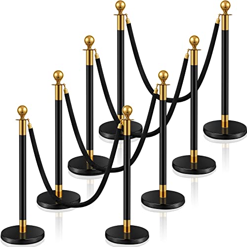 Ferraycle 8 Pcs Stainless Steel Stanchion Post Queue 5 ft Velvet Carpet Ropes and Pole Crowd Control Barriers Sand Injection Hollow Base and Velvet Ropes Set for Party Supplies (Black and Gold)