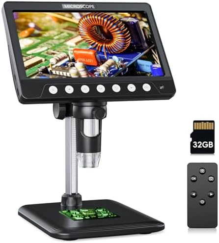 CIMERL 7" LCD Digital Microscope, 1200X Magnification Coin Microscope, USB Soldering Microscope for Adults Kids, with 8 LED Fill Lights, Compatible with Windows/Mac OS,32G Card