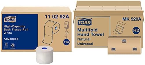 Tork High-Capacity Toilet Paper Roll White T26, Advanced, 2-Ply, 36 x 1000 sheets, 110292A and Tork Multifold Hand Towel Natural H2, Universal, 100% Recycled Fibers, 16 x 250 Sheets, MK520A