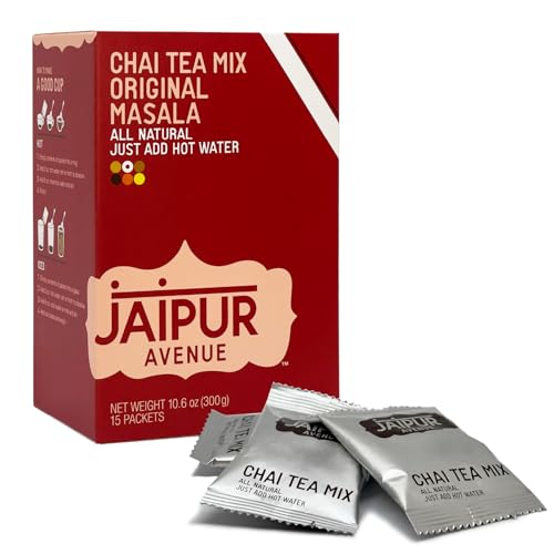 Jaipur Avenue Masala Chai Tea Mix Crafted with All-Natural Assam Black Tea, Masala, Cane Sugar, and Premium Dry Milk - Preservative-Free, Gluten-Free, Authentic Indian Chai Tea Latte (15 Servings)