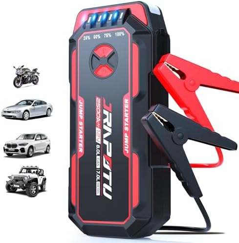 Portable Car Jump Starter, 2500A Peak Battery Jumper Starter Portable, Jump Box for Car Battery, 12V Portable Jump Starter for 8.0L Gas & 7.0L Diesel Cars with USB Ports & LED Flashlight