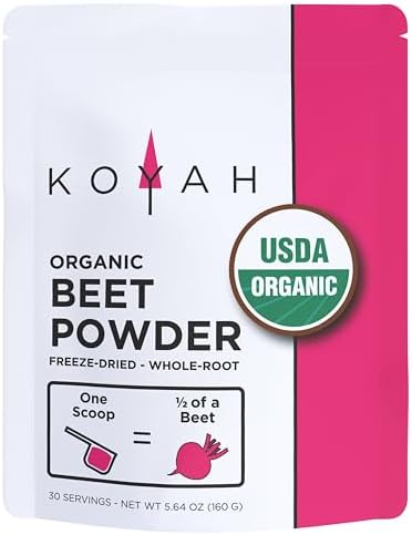 KOYAH - Organic USA Grown Beet Powder (1 Scoop = 1/2 Beet): 30 Servings, Freeze-Dried Beetroot, Whole-Root Powder, Add to Water, Juice or Smoothies.