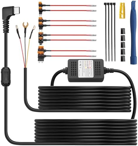 eSynic Universal 3 Wire 11.5ft/3.5M USB C Dash Cam Hardwire Kit Suitable for All Brand Dash Camera 12V-24V to 5V HardWire Fuse Kit for Dashcam Support Acc Mode & Low Voltage Protection with 8 Fuses