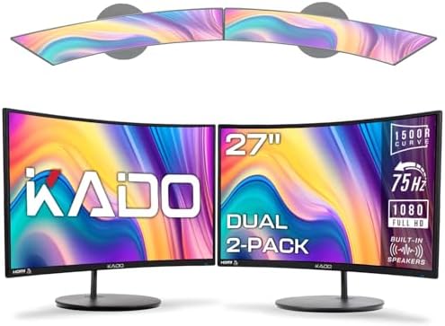 Kado Dual Monitor Setup - 2-Pack 27" Curved 1920x1080 Computer Monitor 1500R 75Hz VESA Mount HDMI Office Gaming Hybrid Built-in Speakers (C27X Dual Series)