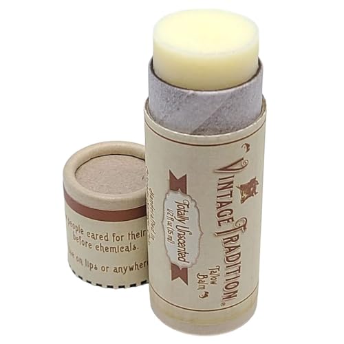 Vintage Tradition Moisturizing Beef Tallow Lip Balm – Unscented Tube Lip Moisturizer for Sensitive Skin Hydrates & Soothes Dry Lips – Grass-Fed Tallow Balm for Skin Care, 0.5 Fl. Oz.