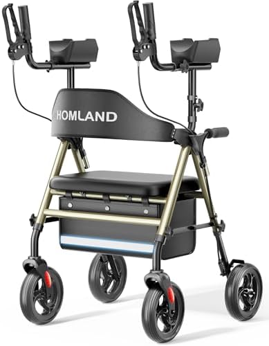 Upright Walkers for Seniors, Stand Up Rollator Walker with Adjustable Padded Armsupport & Seat, Folding Rolling Walker with 8'' Wheel Suitable for All Terrain, Champagne