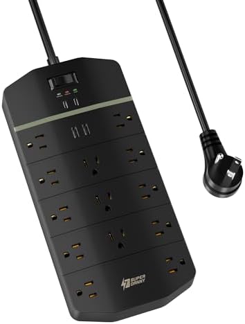 SUPERDANNY 15A Power Strip Surge Protector 5000 J with 13 AC Outlets 2 USB-A & 2 USB-C PD 20W Fast Charging Heavy Duty 14AWG/3C Industrial Grade 10ft Extension Cord for Workbench Home Office Black