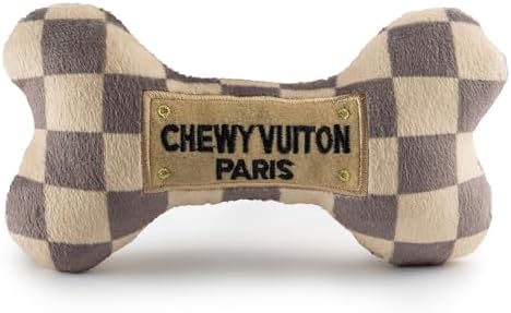 Haute Diggity Dog Checker Chewy Vuiton Bone, Plush Designer Dog Toys with Interactive Squeaker, Stimulating Pet Enrichment, Machine-Washable & Safe Materials for All Breeds, Size Medium