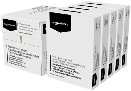 Amazon Basics Multipurpose Copy Printer Paper, 8.5" x 11", 20 lb, 5 Reams, 2500 Sheets, 92 Bright, White