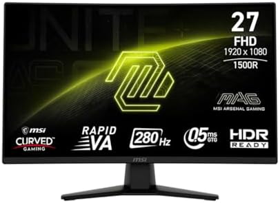MSI MAG 274CXF 27-inch 1920 x 1080 (FHD) Curved Monitor, 280Hz, HDMI, DisplayPort, VGA Port, VESA Mountable, Tilt, Speaker, Slim Bezel, 0.5ms, Black
