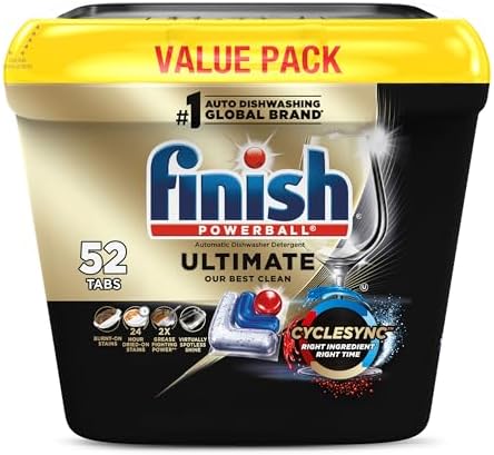 Finish Ultimate Dishwasher Pods, No Pre-Rinse Dishwasher Detergent Soap Removes Burnt-On Stain, with CycleSync Technology, Degreasing & Scrubbing Power, 52 Count