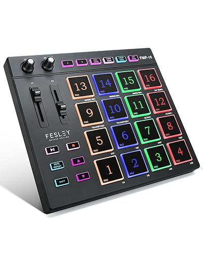 Fesley MIDI Pad Beat Maker, USB MIDI Keyboard Controller With 16 Drum Pads for Beginner, 2 Assignable Fader & Knobs, Note Repeat & Full Level Buttons, Portable Beat Machine for Music Making