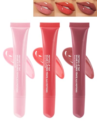 Tinted Peptide Lip Tint Moisturizer-3 Colors Pink Red Rose Lip Balm Lip Treatment,Jelly Yummy Lip Stain Lip Gloss,Hydrating Glow Reviver Lip Care Oil,Valentine's Day Makeup Gift Kit for Women-01+07+08