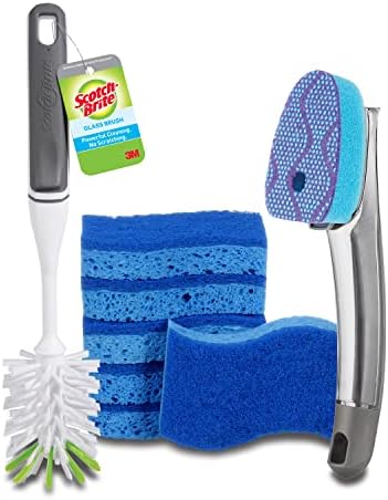 Scotch-Brite Kitchen Cleaning & Dish Washing Starter Kit: Non-Scratch Scrub Sponge (6 Pack) + Non-Scratch Advanced Soap Control Dishwand + Glass and Water Bottle Brush