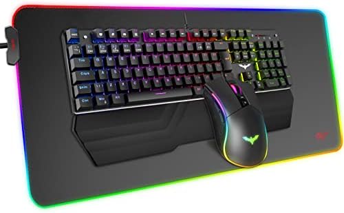 Havit Mechanical Keyboard and Mouse Combo RGB Gaming 104 Keys Blue Switches Wired USB Keyboards with Detachable Wrist Rest, Programmable Mouse, RGB Large Gaming Mouse Pad for PC Gamer Computer Desktop