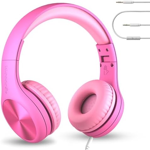 LilGadgets Connect+ Pro Wired Kids Headphones for School with Microphone, Volume Limiting & Noise Reduction Over-Ear Headset with Cord, SharePort Technology & SoftTouch Padding, Pink