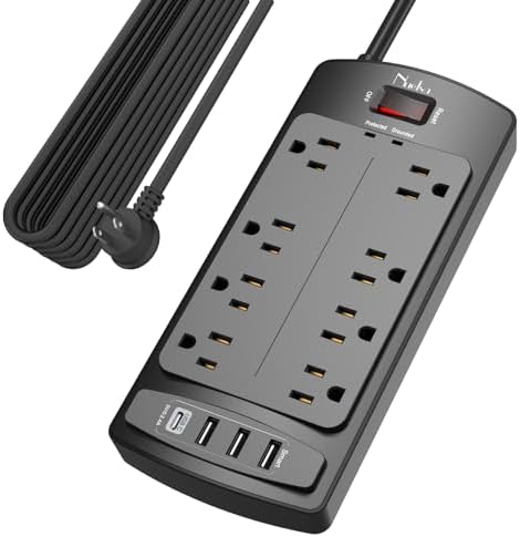 Surge Protector Power Strip - Nuetsa Flat Plug Extension Cord with 8 Outlets and 4 USB Ports, 20 Feet Power Cord (1625W/13A), 2700 Joules, ETL Listed, Black