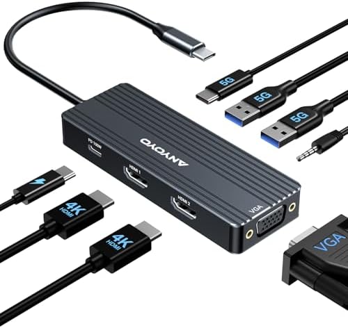 ANYOYO USB C Docking Station, 8 in 1 Docking Station Dual Monitor, Docking Station 3 Monitors with Dual HDMI and VGA, 5Gbps Data Transfers, Laptop Dock for MacBook Air/Pro,Dell XPS,HP（Black）