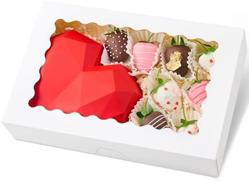 Kucoele 30 PCS Bakery Boxes with Window, 12 x 8 x 2.5 Inches Pastry Boxes Auto-Popup Treat Boxes for Chocolate Covered Strawberries, Cookies, Muffins, Donuts, Breakable Hearts