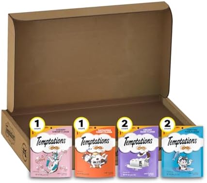 Temptations Classic Crunchy and Soft Cat Treats Variety Pack with Creamy Dairy, Tempting Tuna, Shrimpy Shrimp, and Tantalizing Turkey Flavors, (6) 6.3 oz. Pouches