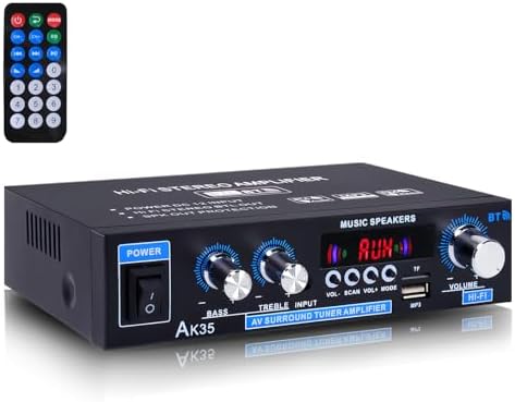 AK35 200W Stereo Audio Amplifier Bluetooth 5.0, 2.0 Channel Mini Amplifier Stereo Receivers with Bass & Treble Control,Home Amplifier w/AUX, USB, SD Card Input,Remote Control