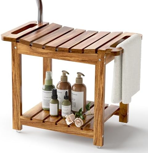 Shower Benches for Inside Shower to Sit on, Acacia Wood Bathroom Bench with Storage, Waterproof Shower Seat for Inside Shower, with Handles & Shower Head Holder, No-Slip