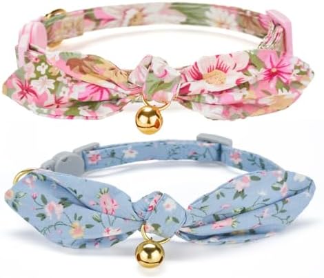 2 Pack Breakaway Cotton Cat Collars with Cute Bunny Ear Bowtie and Bell, Floral Female Male Kitten Collars(Pink & Blue)