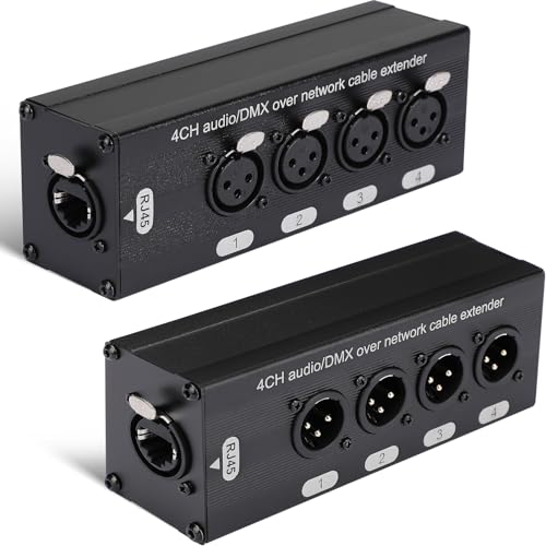 2 Pack 4 Channel 3 Pin Multi Network XLR Cable Breakout 3 Pin XLR Male and Female Over RJ45 Ethercon Cable Multi Extender for Stage Lighting and Home Recording Studio Compatible