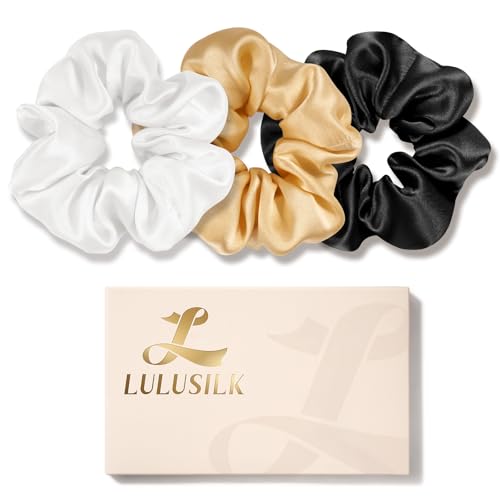 LULUSILK Silk Scrunchies for Hair Sleep, 100% Real Mulberry Silk, No Damage Silk Hair Ties for Women and Girls, Black White and Gold, Pack of 3