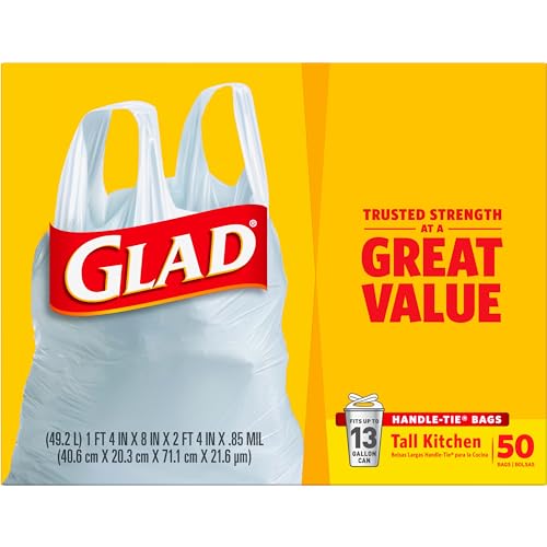 Glad Trash Bags, Tall Kitchen Handle-Tie Garbage Bags - 13 Gallon White Trash Bag - 50 Count (Package May Vary)