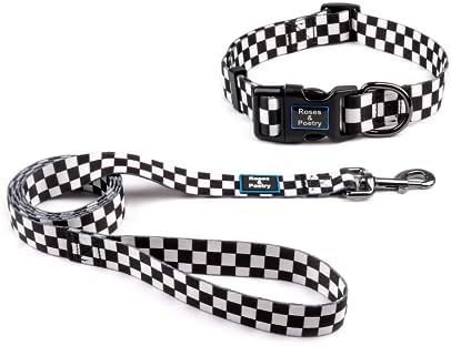 Roses&Poetry Dog Collar and Leash for Extra Small,Adjustable Durable 5ft Puppy Leash Collar for Dog Training Lead（Black & White-XS）
