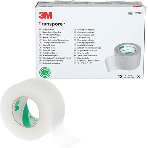 3M™ Transpore™ Surgical Tape, 1527-1, 1 in x 10 yd (2.5 cm x 9.1 m), 12 Roll/Carton