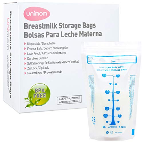 Unimom 60 Breast Milk Storage Bags - Self Standing, Freezer Safe, Leak Proof Zip Top Closure, Pre Sterilized, BPA Free, Marked Measurements – 7oz – by Unimom