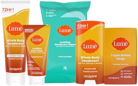 Lume Skin Care Gift Set for Women, Whole Body Deodorant Starter Pack -Smooth Solid Stick, Invisible Cream Tube, Acidified Body Wash Mini & Deodorant Wipes -Aluminum Free Odor Control (Toasted Coconut)