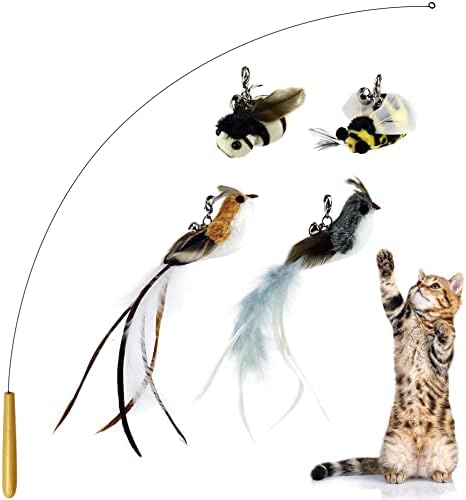 Interactive Bird and Insect Simulation Cat Toy Set with 4 Feather Refills, 29'' Flexible Steel Wire, Sturdy Wood Handle & Bell,Cat Wand Toys for Indoor Cat and Kitten.