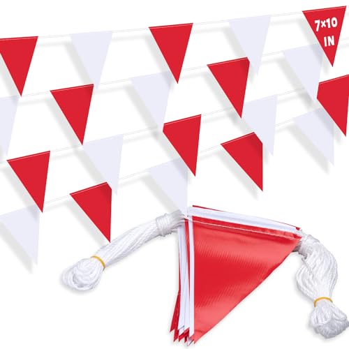XIFAN Red and White Multicolor Pennant Banner Flags 7''x10'' Waring Safety Rooftop Flagging Barrier - 105FT 45 Flags String