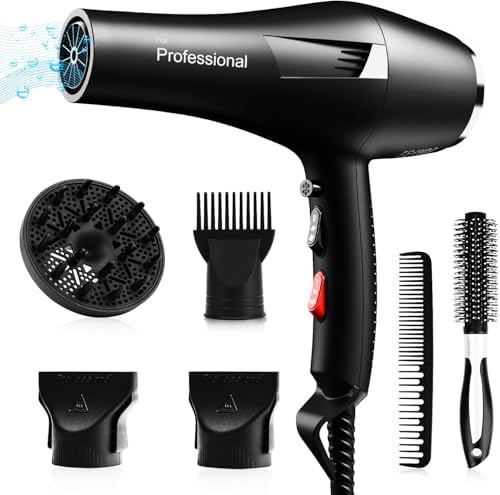 Ionic Salon Hair Dryer, Professional Blow Dryer 1600W AC Motor Fast Drying with 2 Speed, 3 Heat Setting, Cool Button, with Diffuser,Nozzle,Concentrator Comb for Curly & Straight Hair-Jet Black