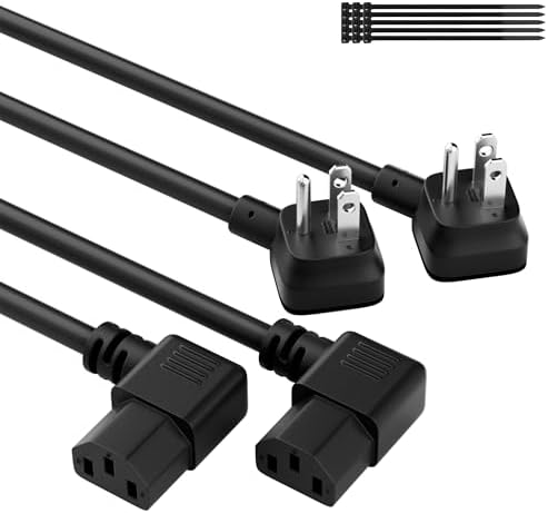Elecan 3-Prong 45 Degree Flat to 90 Angled Plug Replacement Power Cord 10 Ft/2 Pack, Heatproof Flexible Durable AC Device Power Cable for Appliance Computer TV Monitor,E TL 18AWG 125V 10A with Ties