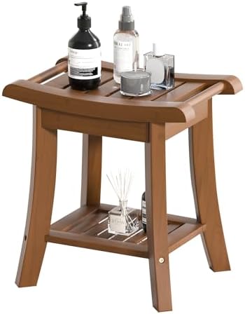 Bamboo Shower Bench Stool with Storage Shelf Small Shower Chair Seat for Inside Shower 16 x 10 x 17 Inches Chestnut Brown