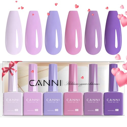 CANNI 6 Colors 9 ML Hema-Free Light Purple Gel Nail Polish Set, Lavender Purple Gel Polish Kit, Soak Off LED Nail Gel Manicure Kit DIY at Home Salon Gifts