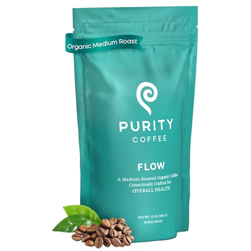 Purity Coffee FLOW Medium Roast Organic Coffee - USDA Certified Organic Specialty Grade Arabica Whole Bean Coffee - Third Party Tested for Mold, Mycotoxins and Pesticides - 12 oz Bag