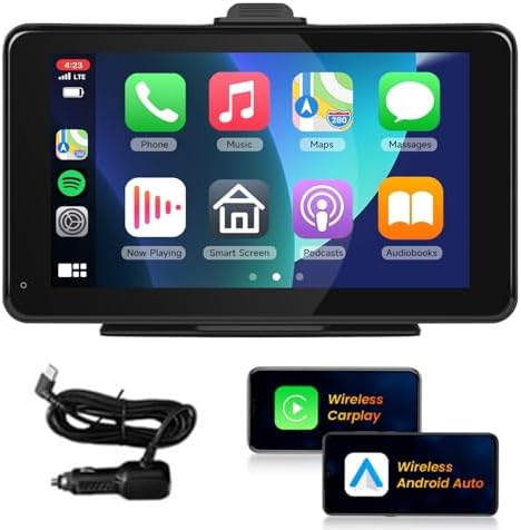 Portable Wireless CarPlay Screen for Car,7inch 1080P HD IPS Touchscreen Car Stereo with Wireless Android Auto,Portable Car Radio Support HD Backup Camera,Mirror Link,Bluetooth,FM,GPS,Voice Control,AUX
