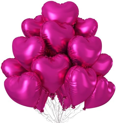 Hot Pink Heart Balloons,12Pcs 18 Inch Pink Foil Mylar Love Heart Shaped Balloons for Wedding Bridal Engagement Anniversary Birthday Party Celebration Baby Shower Valentines Day Decorations