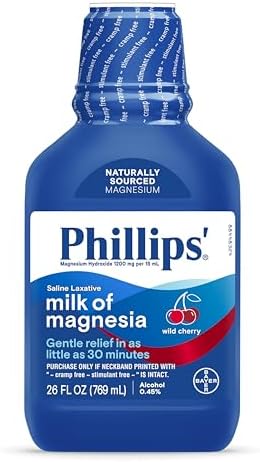 Phillips’ Milk of Magnesia Liquid Laxative, Wild Cherry Flavor, Stimulant Free, Cramp Free Relief of Occasional Constipation*, Effective in 30 minutes - 6 hours, #1 Milk of Magnesia Brand, 26 oz
