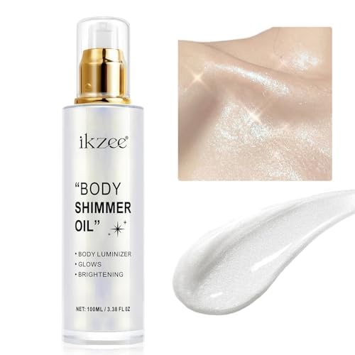Body Shimmer Oil 100ml, Moisturizing Long Lasting Body Luminizer Face Brighten, Waterproof Liquid Illuminator Body Glow, Shimmer Body Glitter Oil Highlighter Summer Taning Makeup (#01 Silver)