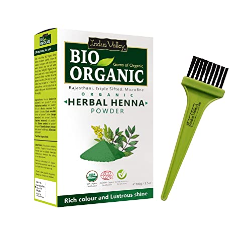INDUS VALLEY Bio Organic Herbal Henna Powder Rich Colour and Lustrous Shine with Hair Dye Brush (100g) - Green