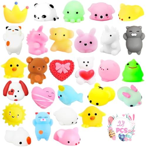 28Pcs Mochi Squishies Toys Set Bulk, Kawaii Animals Squishy Stress Relief Gifts for Kids Easter Basket Stuffers Egg Hunt Party Favors