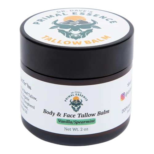 Dr. Dave's Primal Essence Grass Fed Beef Tallow for Skin - Tallow Balm with Shea Butter, Organic Jojoba Oil, Honey, Beeswax - Face and Body Moisturizer - Vanilla and Spearmint - 2 oz