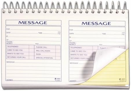 Adams Phone Message Book, 8.5 x 5.25 Inch, Spiral Bound, 2-Part, Carbonless, 2 Messages per Page, 200 Sets, White and Canary (SC5805D)